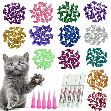 YMCCOOL 100pcs Cat Nail Caps Glitter Cat Paw Covers Kitten Nail Caps Pet Tips with Adhesives and Applicators Large
