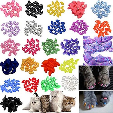 JOYJULY 140pcs Cat Nail Caps Kitten Caps 4 Glitter Colors 10 Colorful Cat Nails Caps Covers 7 Adhesive Glue 7 Applicator with Instruction