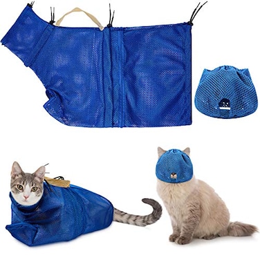 Weewooday 2 Pieces Cat Grooming Washer Mesh Bag Cat Muzzles Breathable Mesh Muzzles Adjustable Kitten Scratch Resistant Kitty Restraint Clothes Kitty Bath Bag for Bathing Nail Trimming FeedingBlue