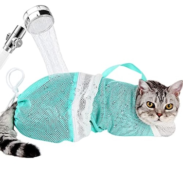 Ameami Cat Bathing Bag Adjustable Cat Washing Net Antibite AntiScratch Cat Shower Restraint Bag Breathable Mesh Cat Grooming Bag for Bath Nail Trimming Injection