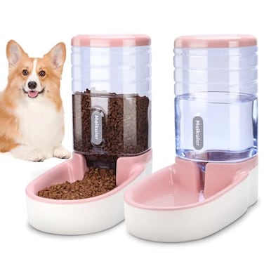 Meikuler Automatic Dog Cat Feeder and Water Dispenser SetWaterer and Gravity Food Feeder for Small Medium Dogs Cats PuppiesLarge Capacity 1 Gallon x 2Pink