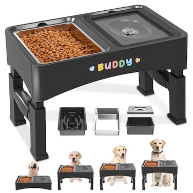 Decflow 3in1 Elevated Dog Bowls 4 Height Adjustable Raised with Stainless Steel Slow Feeder No Spill Water Bowl DIY Stickers Foldable Pet Bowl for Medium Large Dogs