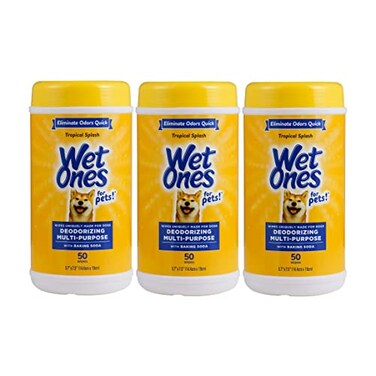 Wet Ones for Pets Deodorizing Dog Wipes with Baking Soda Tropical Splash Scent Multipurpose Deodorizing Pet Grooming Wipes in Resealable Canister 50 Count 3 Pack