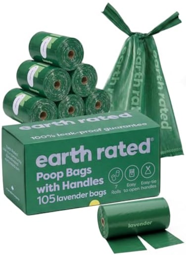 Earth Rated Dog Poop Bags with Handles on Refill Rolls EasyTie on a Compact Roll Extra Wide Opening Guaranteed LeakProof Lavender Scented 105 on Rolls