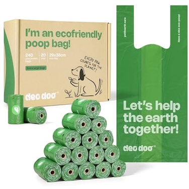 Deo Doo Dog Poop Bags with Handles Large Size 20 Rolls 240 Counts Big Sizes Leak Proof and Extra Thick Waste Bags Refill Rolls for Walking Medium Large Dogs Cats Litter Unscented
