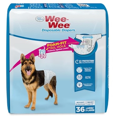 Four Paws WeeWee Super Absorbent Disposable Adjustable Dog Potty Training Diapers LeakProof Protection for Dogs Size Large Over 19 Waist 36 Count