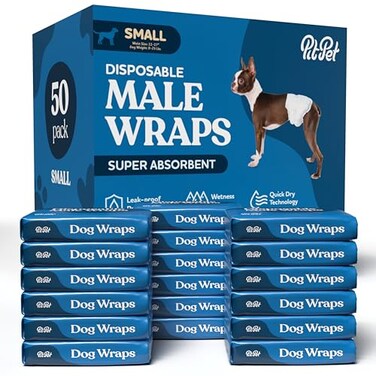 Pitpet Comfortable Male Dog Diapers 50Pack Super Absorbent Disposable Male Dog Wraps FlashDry Gel Technology Wetness Indicator Doggie Diapers Leakproof Belly Wraps for Incontinence Excitable Urination