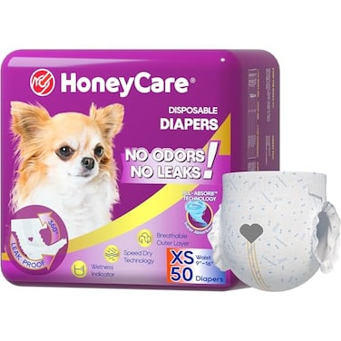 HONEY CARE AllAbsorb Disposable Female Dog Diapers Extra Small Size Improved 50 Count Super Absorbent Breathable Wetness Indicator Pack of 1 50 Count Total