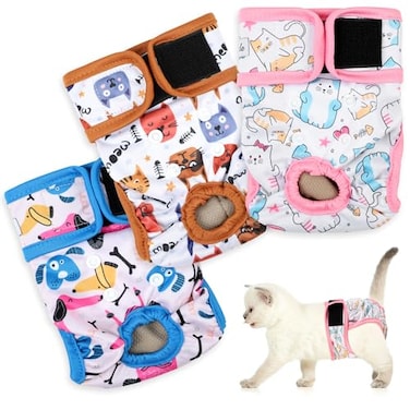 Grecle Reusable Cat Diapers 3 Pack with Good Absorbency Kitten Diapers for Female Cats Small Male Cat Easy to Put on Adorable Secure Fit M