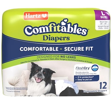 Hartz Comfitables Disposable Dog Diapers Size Large 12 Count Comfortable Secure Fit Easy to Put On Super Absorbent Male and Female Diaper
