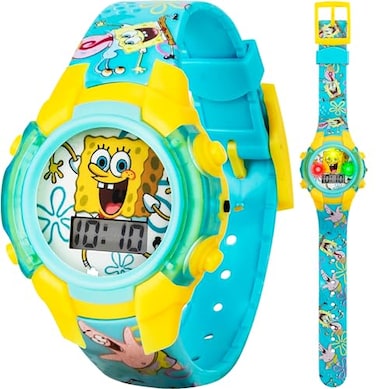 Accutime Nickelodeon Spongebob Squarepants Kids LCD Watch with LED Lights Colorful Character Strap Interactive Flashing Display Comes in Collectible Tin Box