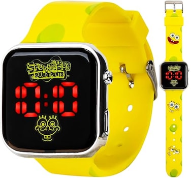 Accutime Spongebob Squarepants Kids LED Watch Bright Yellow Strap Cheerful Digital Display EasytoRead Durable GiftReady Tin Packaging