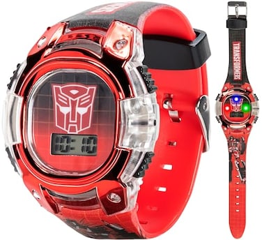 Accutime Transformers Kids Watch LCD Display Metallic Bezel Adjustable Comfortable Strap Collectible Tin Perfect for Boys and Girls