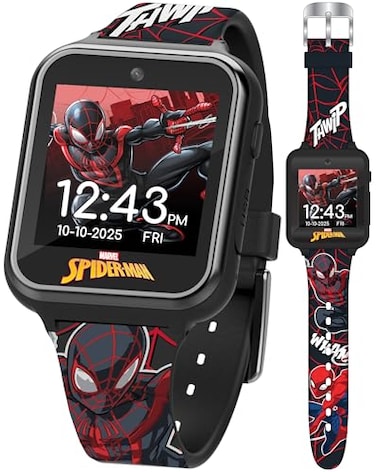 Accutime Marvel SpiderMan Kids Smart Watch Touchscreen Interactive Watch with 10 Customizable Clock Faces Builtin Camera Video Recorder Alarm Calculator Games Pedometer Fits Wrists 55 to 8