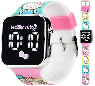 Accutime Hello Kitty Kids Touchscreen LED Watch with Sanrio Character Artwork and Town Scene Strap Digital Display Durable Silicone Band Ages 6 Fits Wrists 558