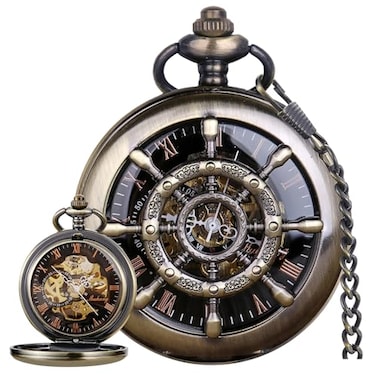 Alwesam Rudder Design Mechanical Pocket Watch Hand Wind Roman Numerals Men Steampunk with Chain Box