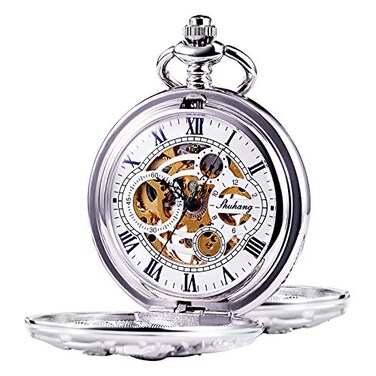 TREEWETO Mens Mechanical Pocket Watch Dream Dragon Skeleton Double Open Silver Case with Chain Box Gift for Man Men Women