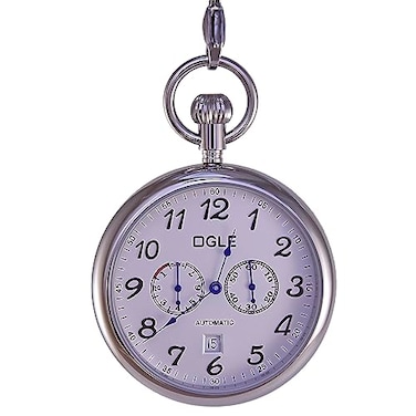 OGLE Waterproof Stainless Steel Week Day Calendar Multifunction Large Size Fob Self Winding Automatic Skeleton Mechanical Pocket Watch Silver CaseWhite Dial