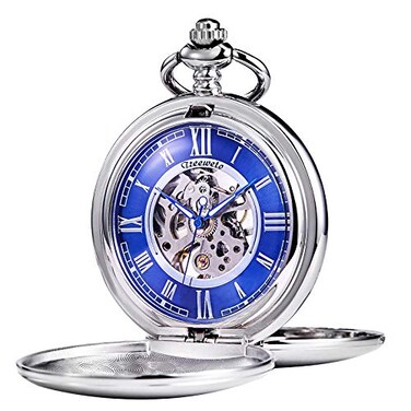 TREEWETO Pocket Watch Smooth Double Case Series Skeleton Dial Delicate Mechanical Movement with Chain Silver