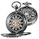 Whodoit Mens Mechanical Pocket Watch Black Rudder Pattern Double Open Hollow Roman Numerals Pocket Watch
