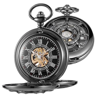 Whodoit Mens Mechanical Pocket Watch Black Rudder Pattern Double Open Hollow Roman Numerals Pocket Watch