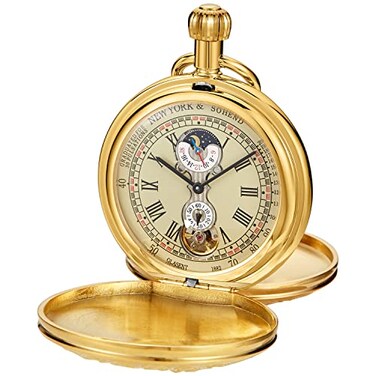 Realpoo Retro Gold Double Deer Design Mechanical Pocket Watch for Men Unique Roman Numerals Digital Scale Double Pocket Watches with Chain