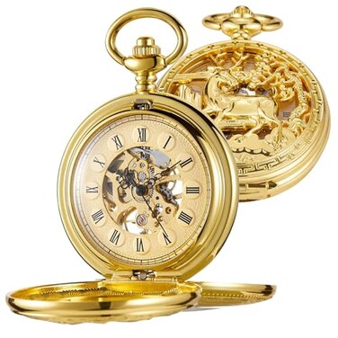 Whodoit Double Open Mechanical Pocket Watch Golden Deer Skeleton Case Roman Numerals Mechanical Pocket Watch for Men