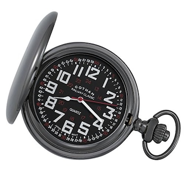 Gotham Mens Gunmetal Railroad Polished Finish Covered Quartz Pocket Watch GWC15044BBK