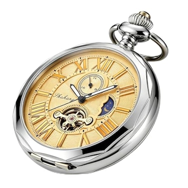 Whodoit Classic Gold Capless Mens Mechanical Pocket Watch Smooth Capless Moon Phase Roman Numeral Pointer Mechanical Pocket Watches for Men