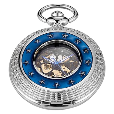 Whodoit Automatic Winding Mechanical Pocket Watch Star Circle Blue Printing Mechanical Pocket Watch Carved Design