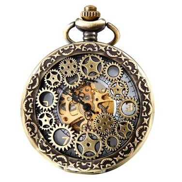 Avaner Steampunk Retro Half Hunter Copper Gear Skeleton Hand Wind Mechanical Arabic Numeral Analog Display Pocket Watch with 14 Chain