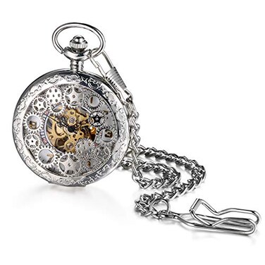 Avaner Steampunk Retro Half Hunter Copper Gear Skeleton Hand Wind Mechanical RomanArabic Numeral Analog Display Pocket Watch with 14 Chain Silver
