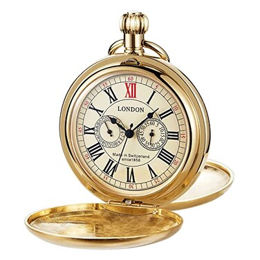 Whodoit Smooth Double Open Cover Mechanical Pocket Watch Unisex Roman Dial Stainless Steel Chain Box