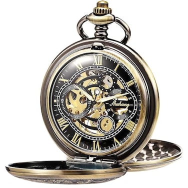 SIBOSUN Pocket Watch Skeleton Mechanical Double Case HandWind Bronze Roman Numerals Antique Chain Mens