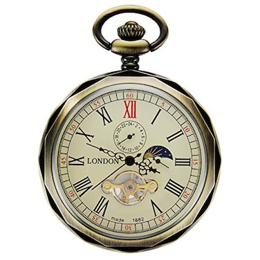 TREEWETO Mechanical Pocket Watches Bronze Roman Numerals Open Face with Chain Men 24Hour Moon Sun Box