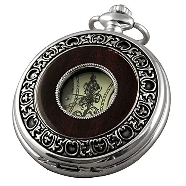VIGOROSO Mens HandWind Mechanical Pocket Watch Vintage Steampunk Wood Grain Hollow Design with Chain and Box
