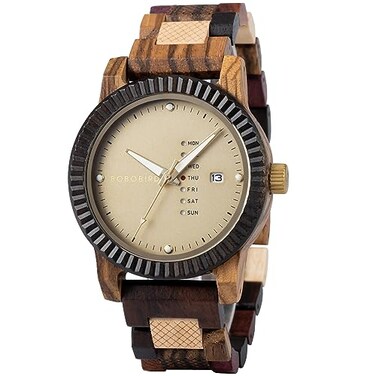 BOBO BIRD Mens Wooden Watch Analog Quartz with Week Display Lightweight Handmade Wood Wrist Watch for Men Glod