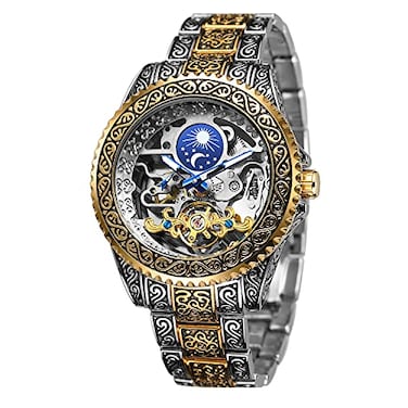 FORSINING Mens Skeleton Engraving Watch Automatic Watch for Men Moon Phase Self Winding Wrist Watch Gold and Silver