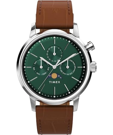 Timex Mens Marlin Moon Phase 40mm Watch Brown Strap Green Dial Stainless Steel Case