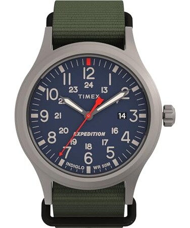 Timex Mens Expedition Scout 40mm Watch Green Strap Blue Dial Titanium Case