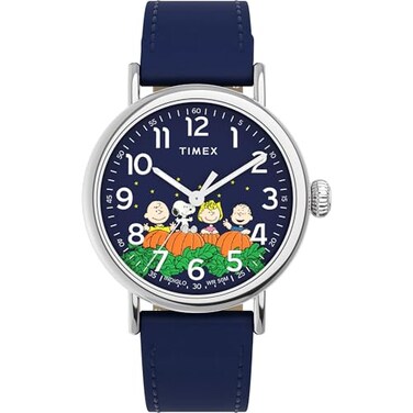 Timex x Peanuts Mens Standard Pumpkin Patch 40mm Watch Blue Strap Blue Dial SilverTone Case