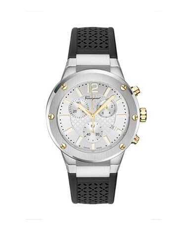 Salvatore Ferragamo Ferragamo F80 Chrono Collection Luxury Mens Watch Timepieces with a Black Strap Featuring a Stainless Steel Case and a Silver Dial