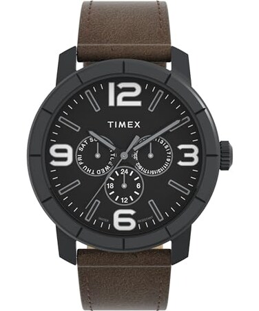 Timex Mens Mod 44mm Watch Brown Strap Black Dial Black Case