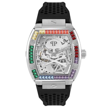 Philipp Plein The keleton Collection Luxury Mens Watch Timepieces with a Black Strap Featuring a Stainless Steel Case and a Silver Dial