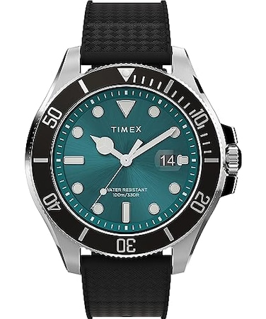 Timex Mens Deep Water 43mm Watch Black Strap Green Dial SilverTone Case