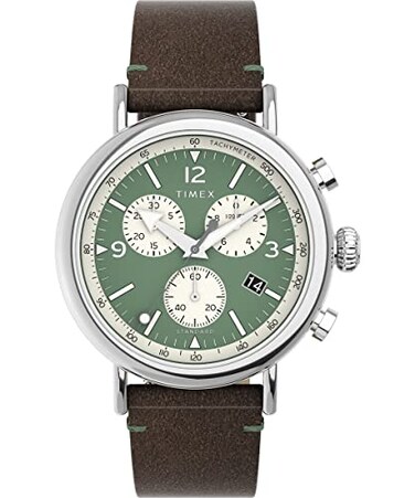 Timex Mens Standard Chronograph 41mm Watch Brown Strap Green Dial SilverTone Case