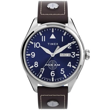 Timex Mens X Pan Am DayDate 42mm Watch Brown Strap Blue Dial Stainless Steel Case