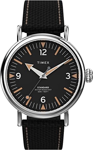 Timex Mens Standard 40mm Watch SilverTone Case Black Dial with Black Leather Fabric Strap