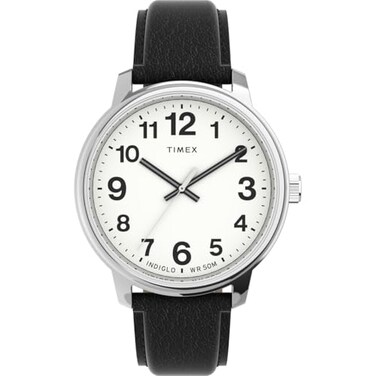 Timex Mens Easy Reader Bold 43mm Watch SilverTone Case White Dial with Black Leather Strap