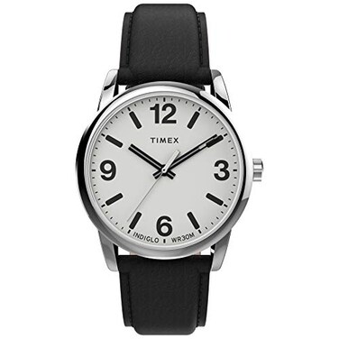 Timex Mens Easy Reader Bold 38mm Watch SilverTone Case White Dial with Black Leather Strap